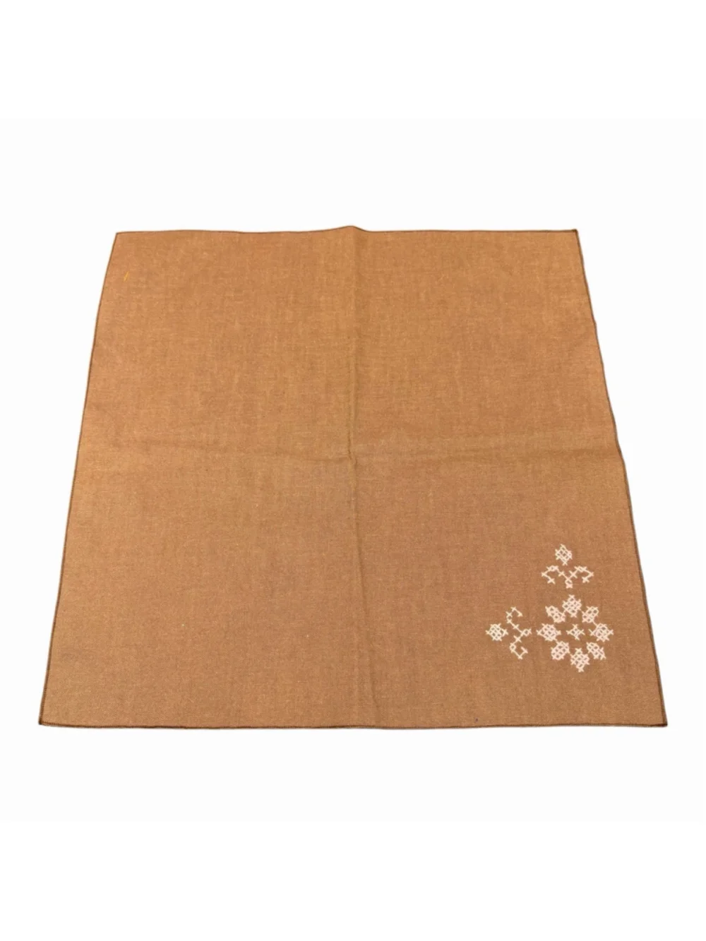 Vintage Set of 3 Brown Linen Embroidered Napkins Pink Cross Stitch Floral Table
